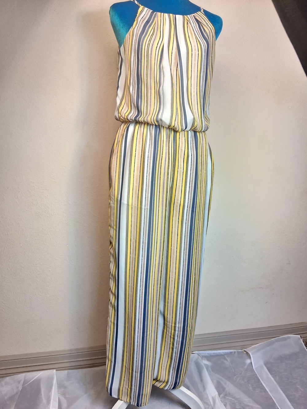 Tacera Yellow Blue Striped Halter Jumpsuit With Pockets